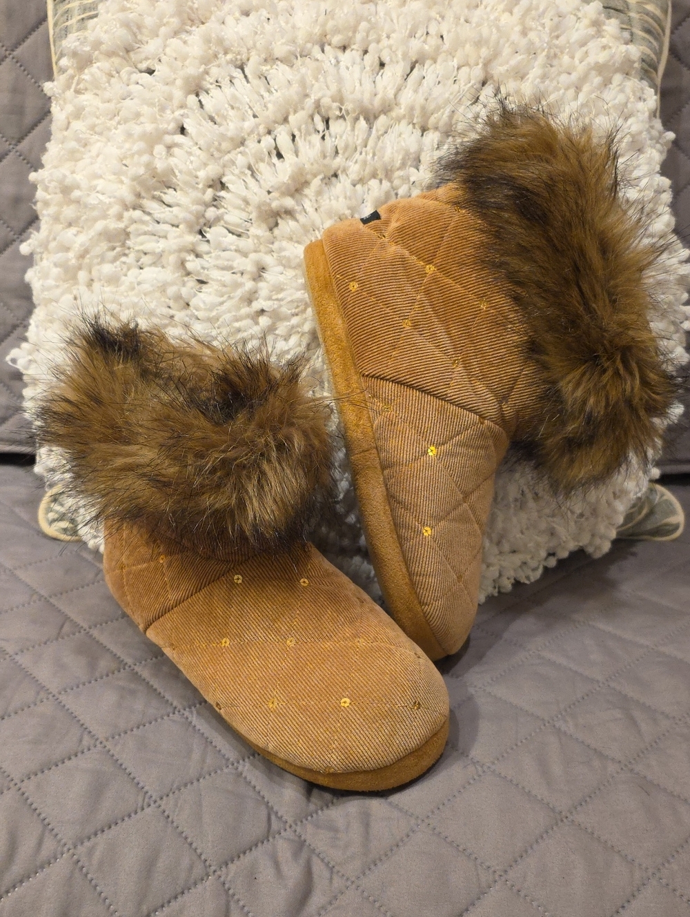 Kensie Quilted Faux-Fur Trim Slip-On Slipper Boots - Tan with Gold Accents